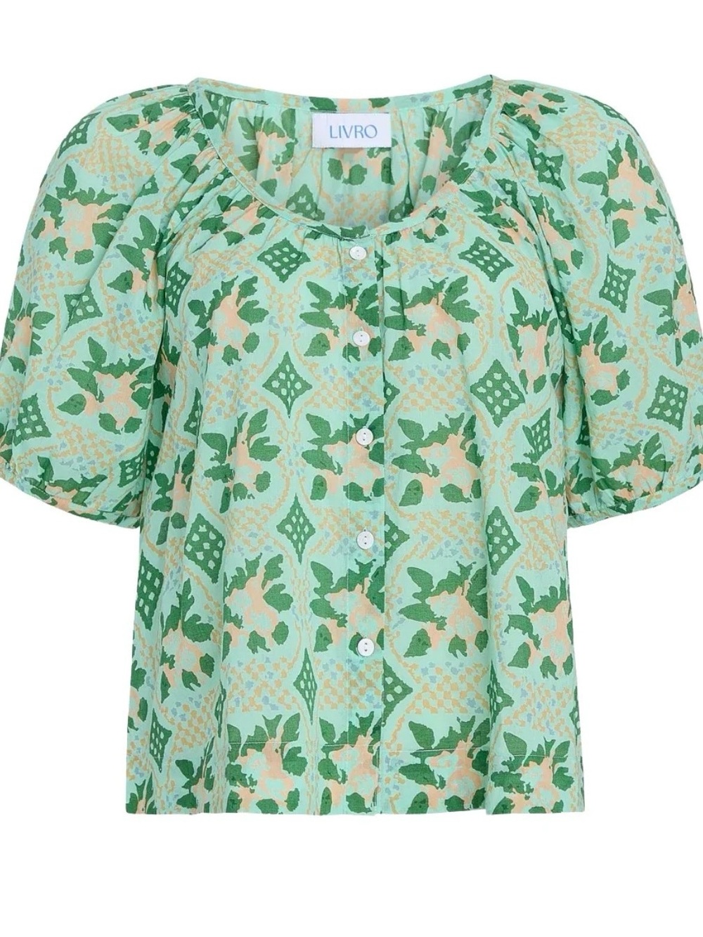 NWT $143 Livro Green Floral Button-Front Shot Sleeve Blouse Size M